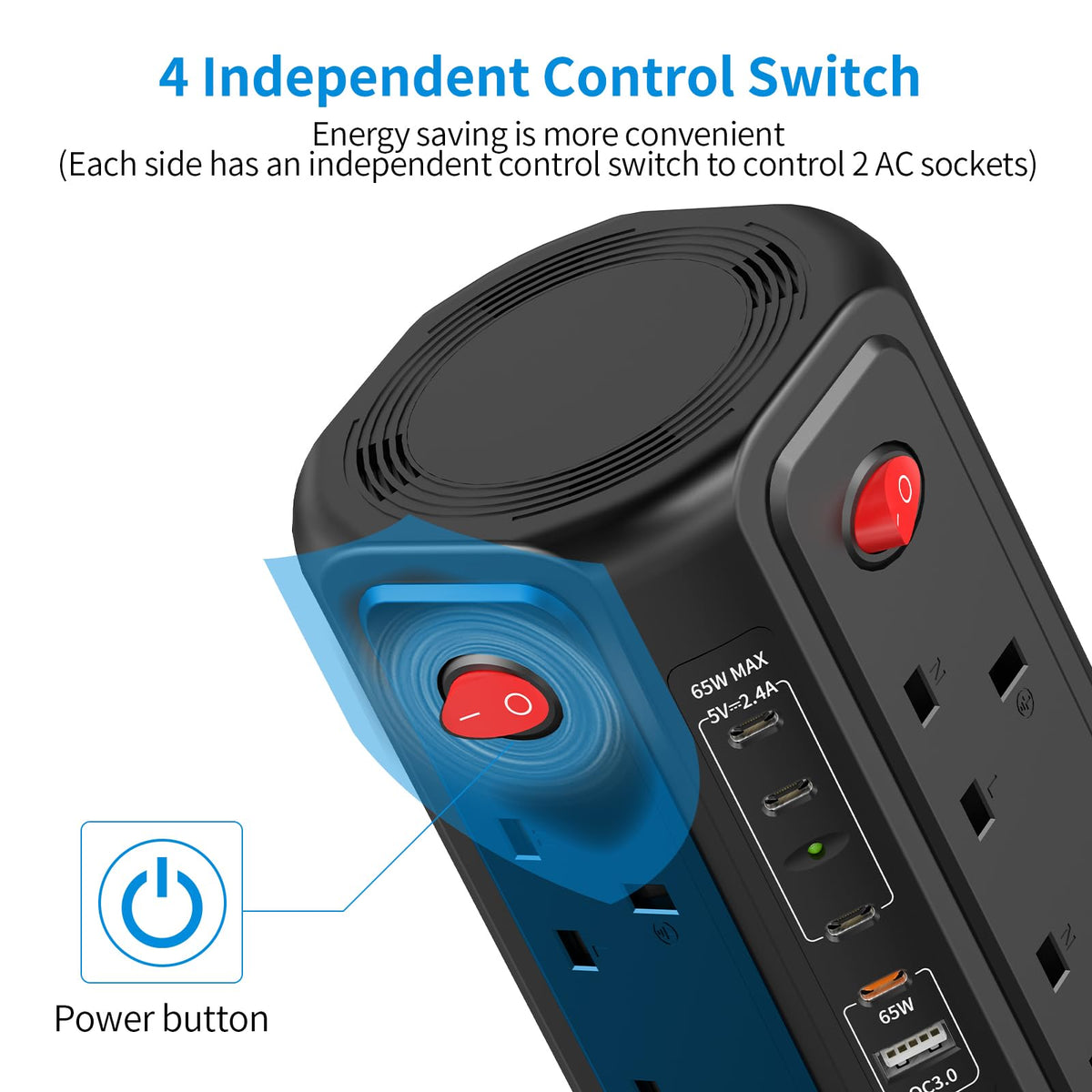 HAFINO Tower Extension Lead 3M with USB Slots and Night Light, 4 Switches
