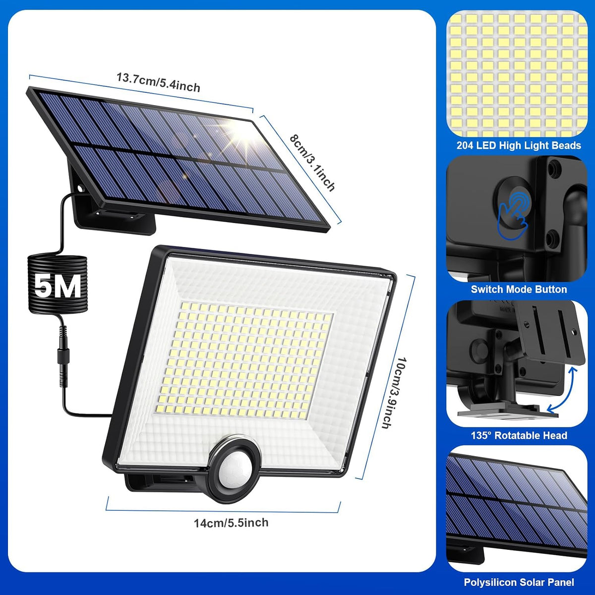 [2000LM Ultra-bright]Solar Lights Outdoor with Split Panel, 204LED Solar Security Lights with PIR Motion Sensor, 270°Wide Angle 3 Modes Solar Powered Garden Lights IP65 Wall Lights for Garden (4 Pack)