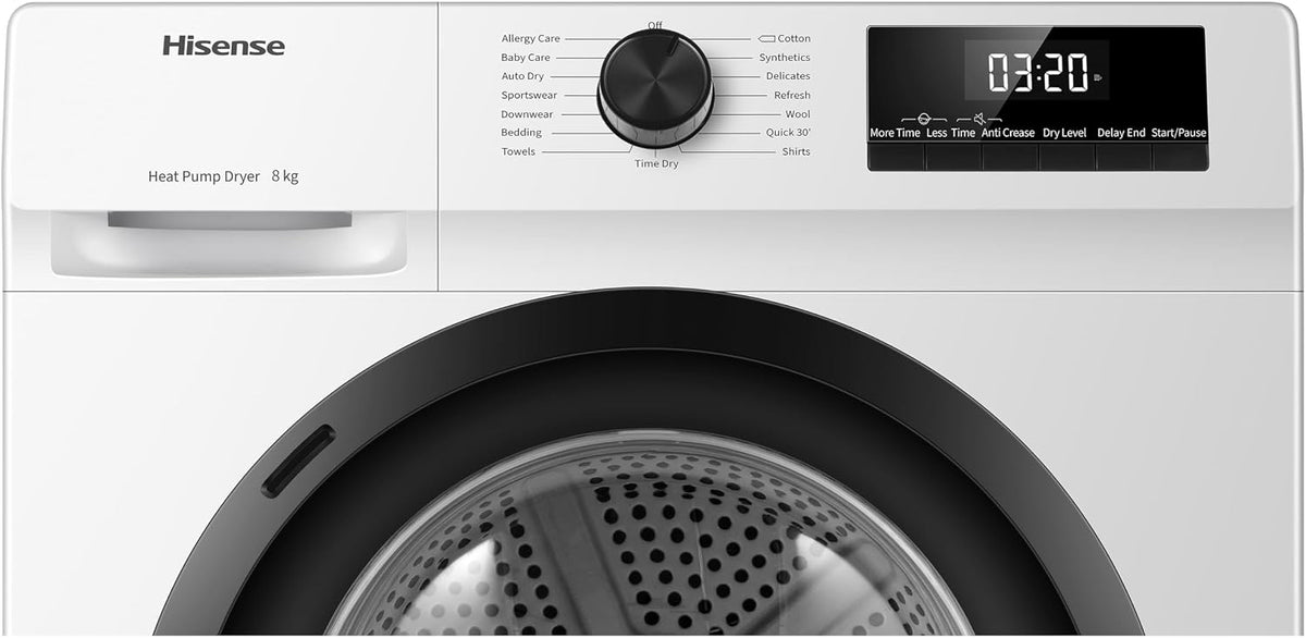 Hisense DH1Q802BW2 60cm Freestanding 8 KG Heatpump Front Load Tumble Dryer, 16 Programmes, Auto Dry, Steam Refresh, Allergy Care - White