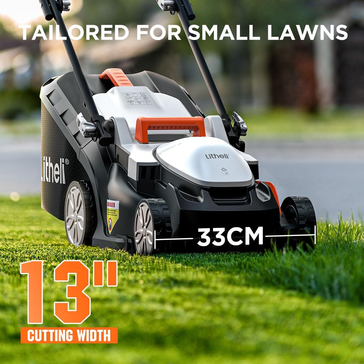 Litheli Cordless Lawnmower, 20V/33cm Cutting Width, Battery Lawn Mower, 5 Cutting Heights, 30L Grass Box, Incl. 4.0Ah Battery