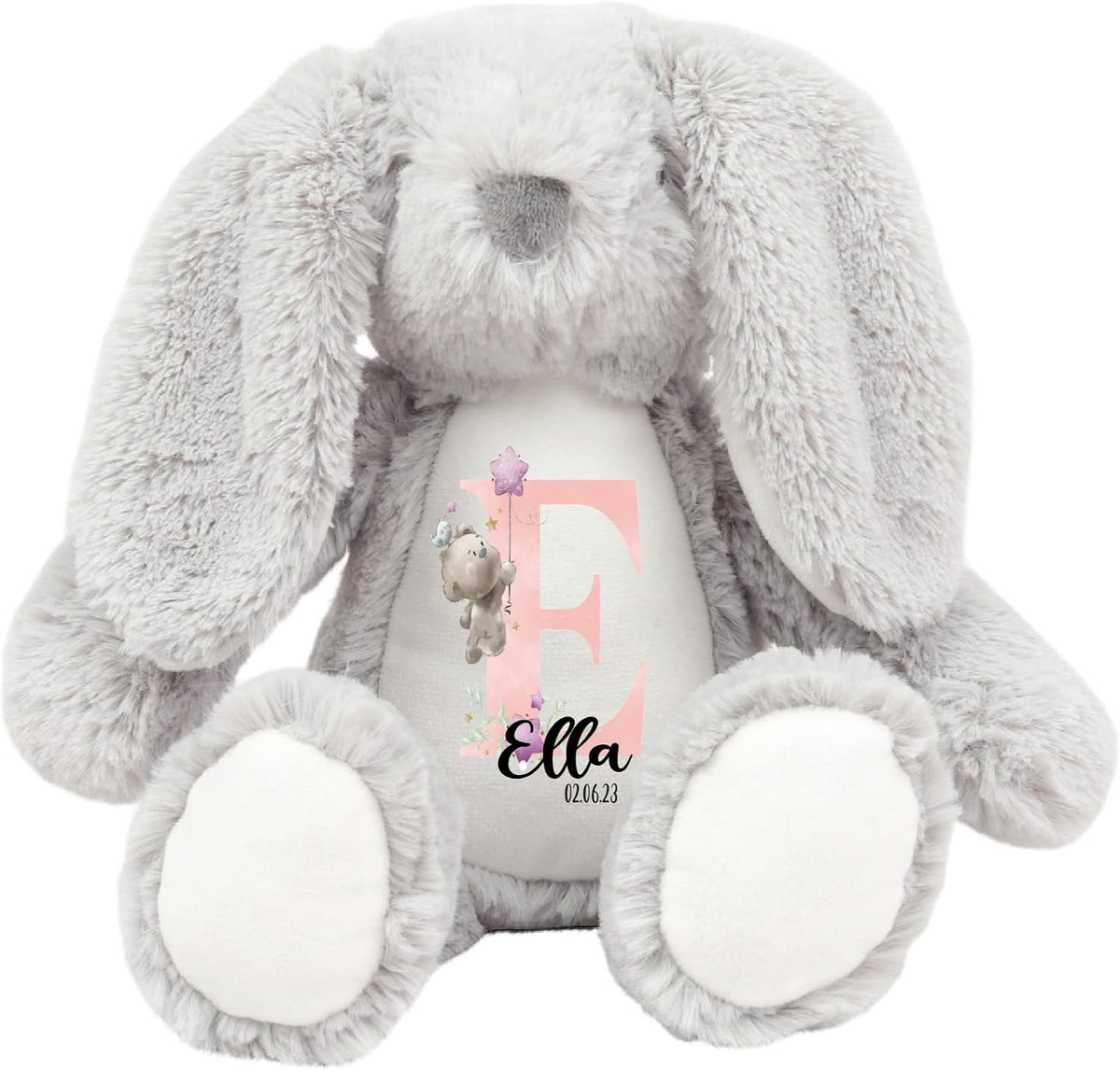 Crafted Memories - Personalised Teddy | Velveteen Bunny Soft Toy | Customisable Name for Newborns | Keepsake for Boys & Girls | Baby Shower Item | Pink Initial | Grey or White, 20-23cm