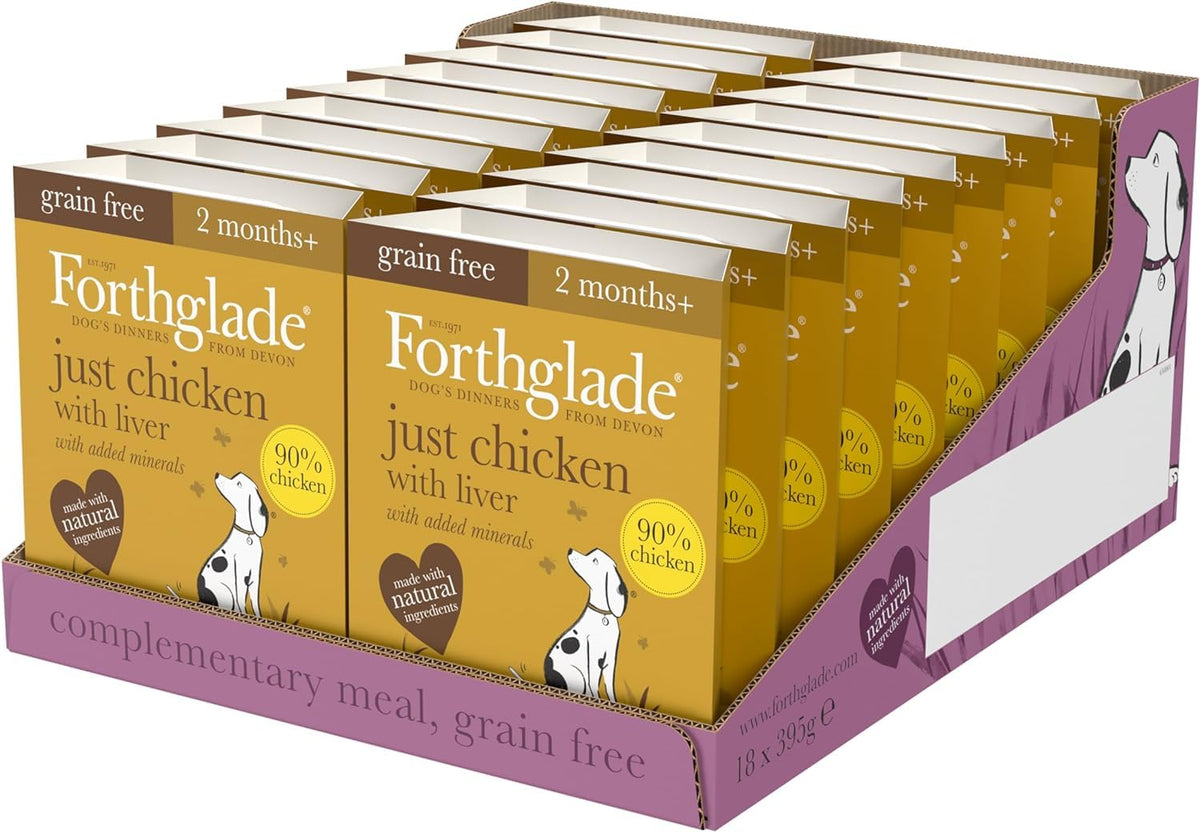 Forthglade Complementary Wet Dog Food (12 x 395g Trays) - Grain Free & Hypoallergenic Dog Food, Just Chicken, Chicken with Liver & Turkey, 90% Protein Stomach Sensitive with Natural Ingredients