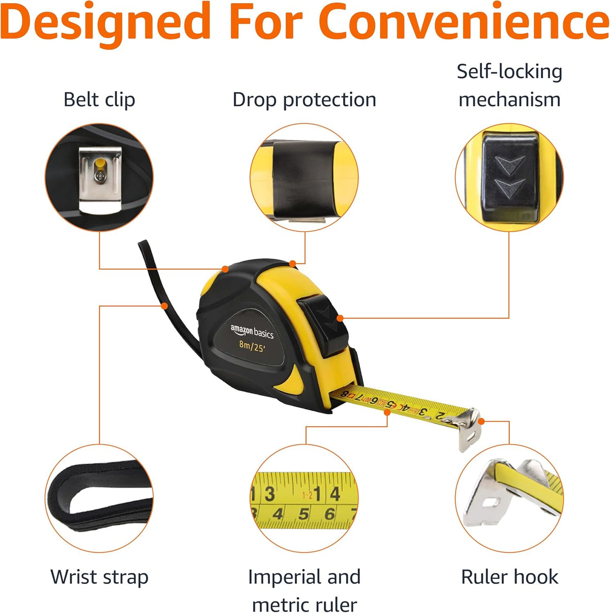 Amazon Basics Self-Locking Tape Measure, MID Accuracy, 7.6 m (2-Pack) meters Scale, Yellow