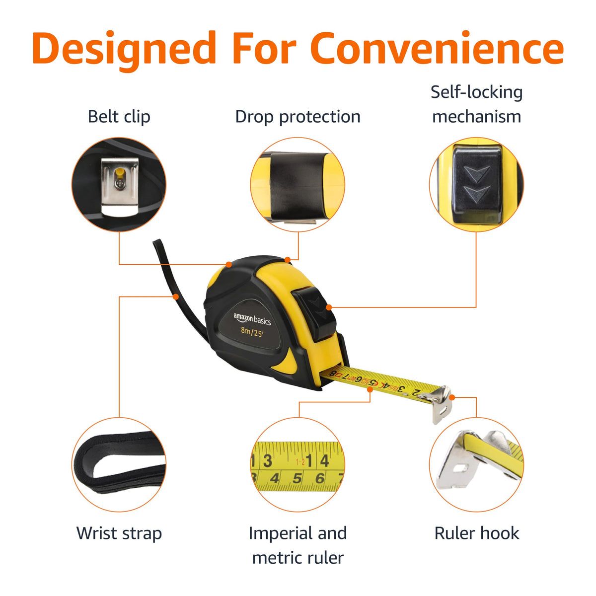 Amazon Basics Self-Locking Tape Measure, MID Accuracy, 7.6 m (2-Pack) meters Scale, Yellow