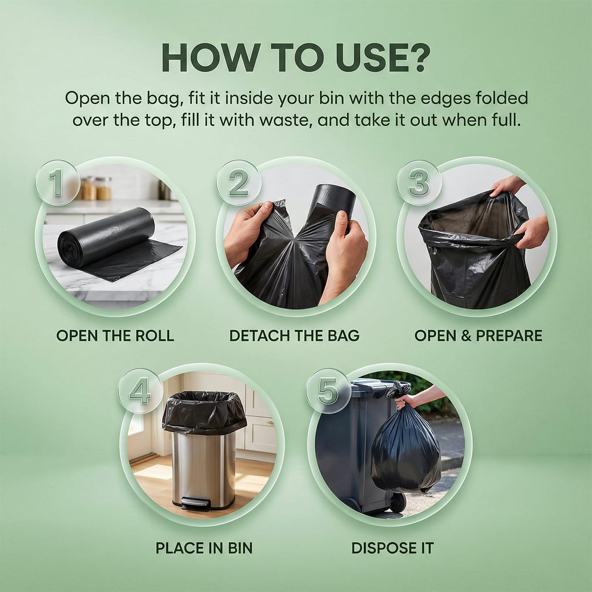 Roe Tenpo 100 Pack Heavy Duty Black Bin Bags – 100L, 33 μm Recyclable Refuse Sacks, Leak-Proof Bin Liners – Rubbish Bags for Kitchen, Home, DIY & Garden, Household, Office & Catering