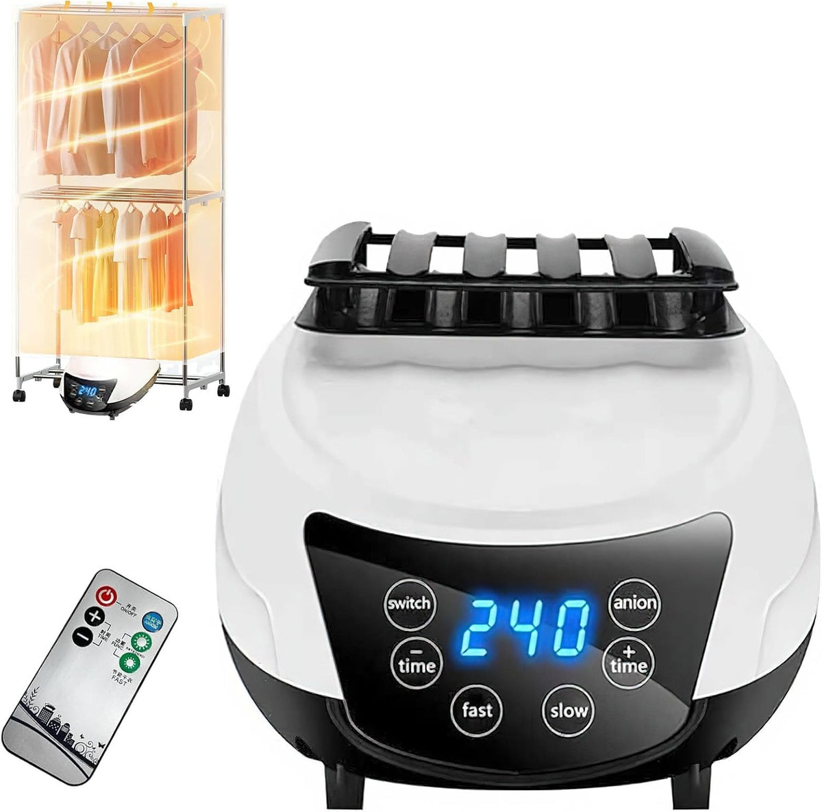 1500W Portable Electric Clothes Dryer with Remote Control,Energy-Efficient Heated Clothes Drying,Four Levels Adjustable Timer Cloth Drying Silent,House Laundry,Negative Ion Purification (White)