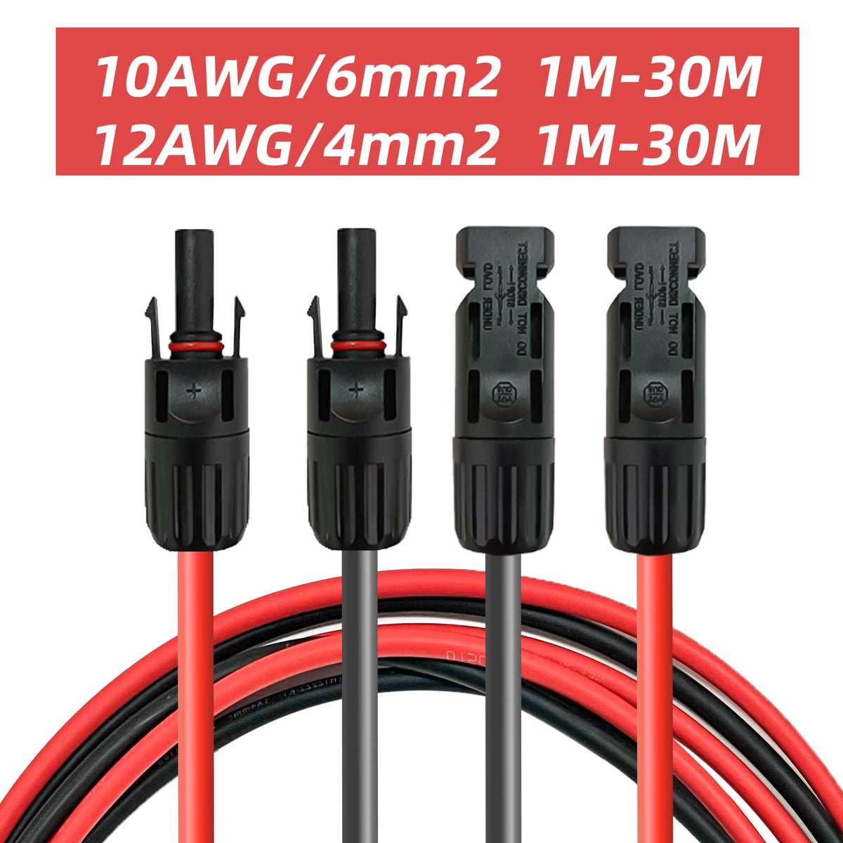 Solar Panel Extension Cable -1M/2M/3M/5M/10M/20M/30M 10AWG(6mm²/4mm²)，Harness Wiring Wire Adapter with Connector，Tinned Copper Electrical Wire Cable- Red+Black (4mm²3M)