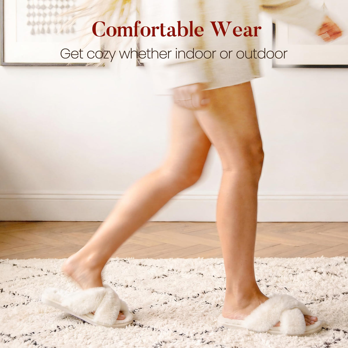 Ankis Women Slippers Fluffy Slippers Memory Foam, Cross Band Furry Open Toe Slippers Cozy Plush Home Shoes Indoor Outdoor Anti-Slide Slipper