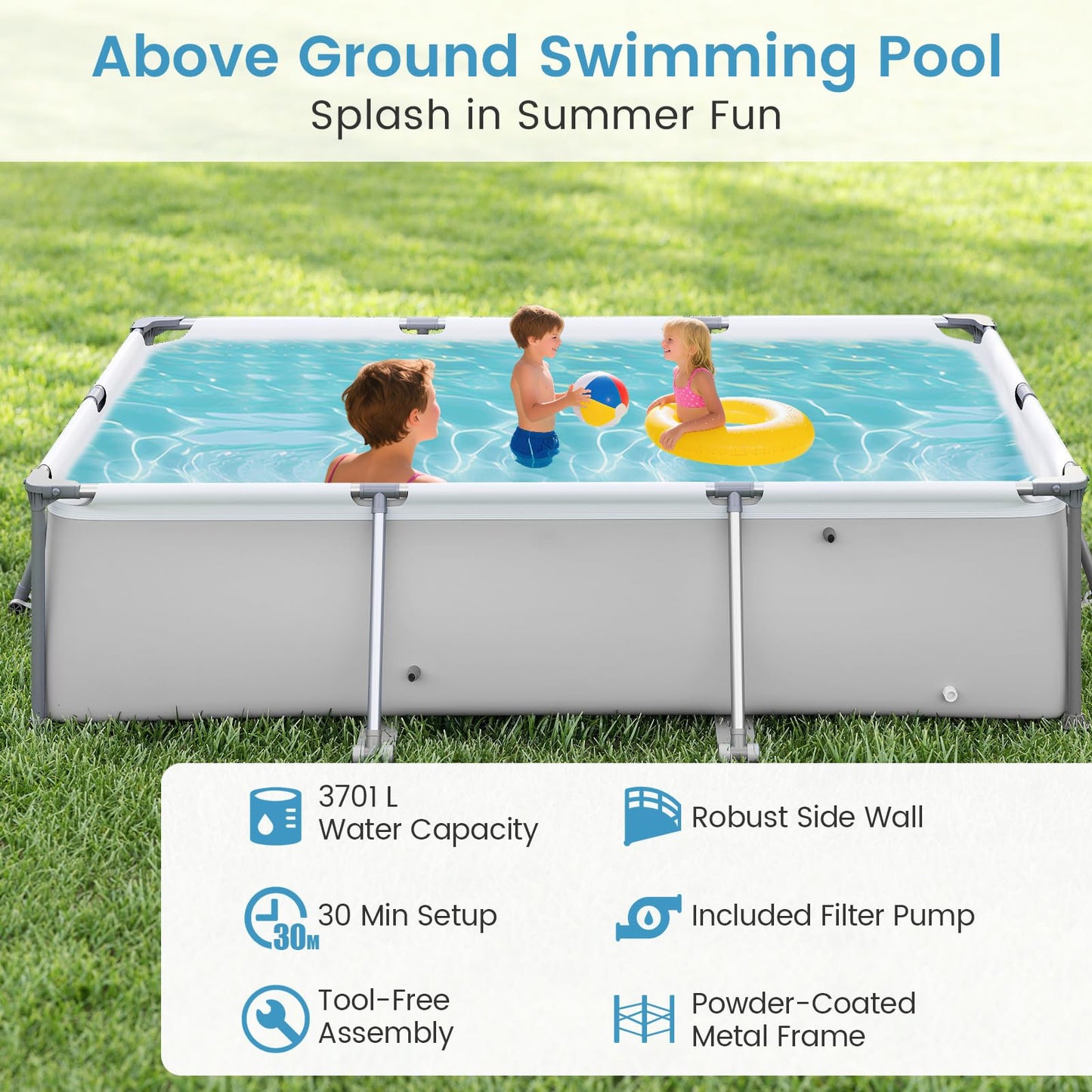 COSTWAY Above Ground Swimming Pool, Outdoor Round/Rectangular Large Framed Pool Set, Metal Frame Garden Family Pools for Kids and Adults (Gray, 300 x 207 x 66 cm, Rectangular)