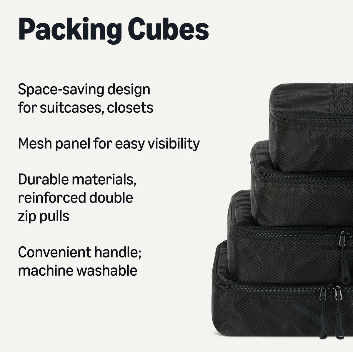 Amazon Essentials 4-Piece Packing Cubes Travel Accessories Set, Luggage Organiser with Double Zip, Mesh Top, 100% Polyester, Medium, Black (Previously Amazon Basics)