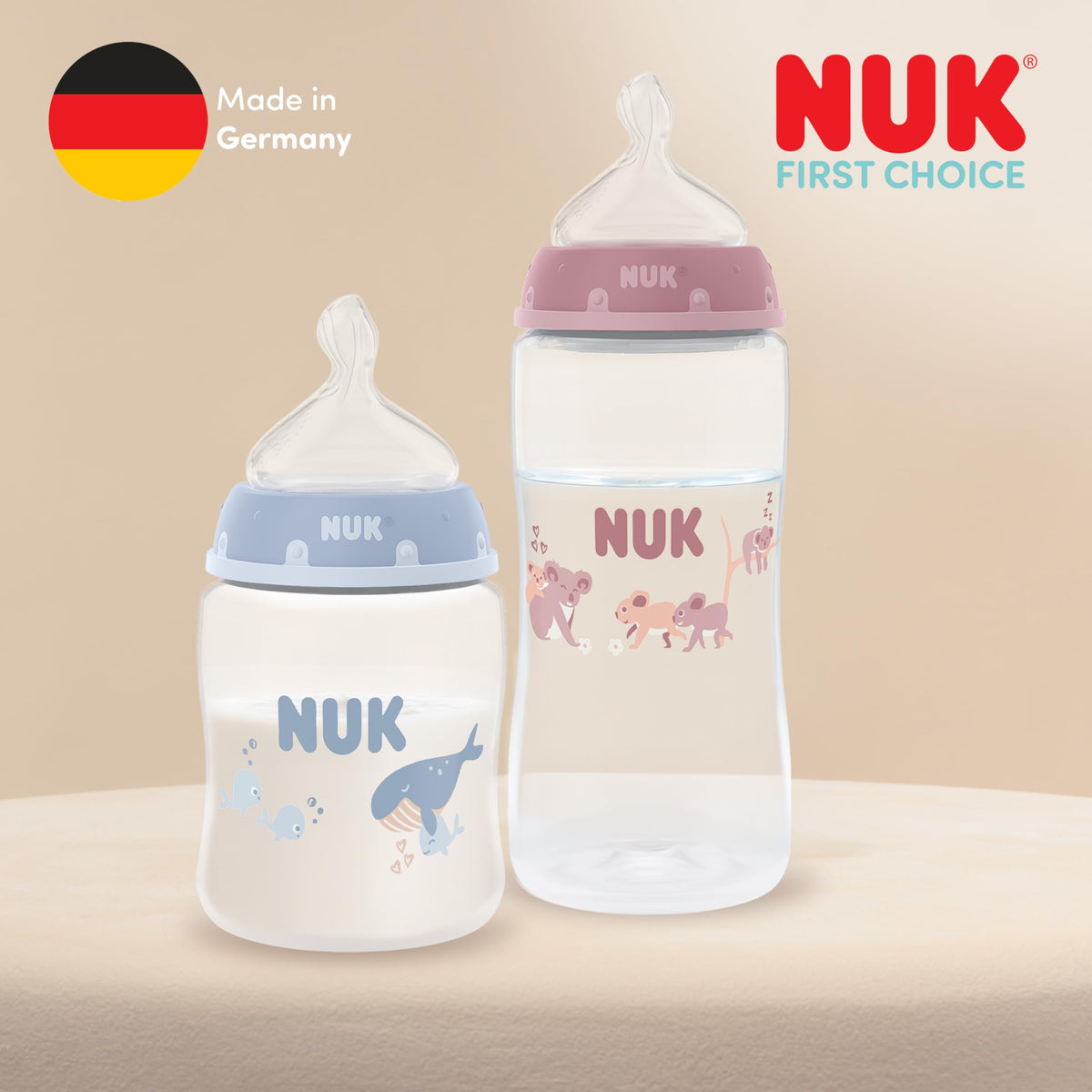 NUK First Choice+ Baby Bottles Set | 0-6 Months | Temperature Control | Anti Colic Vent | 300 ml | BPA-Free | Silicone Teat | 3 Count | Safari