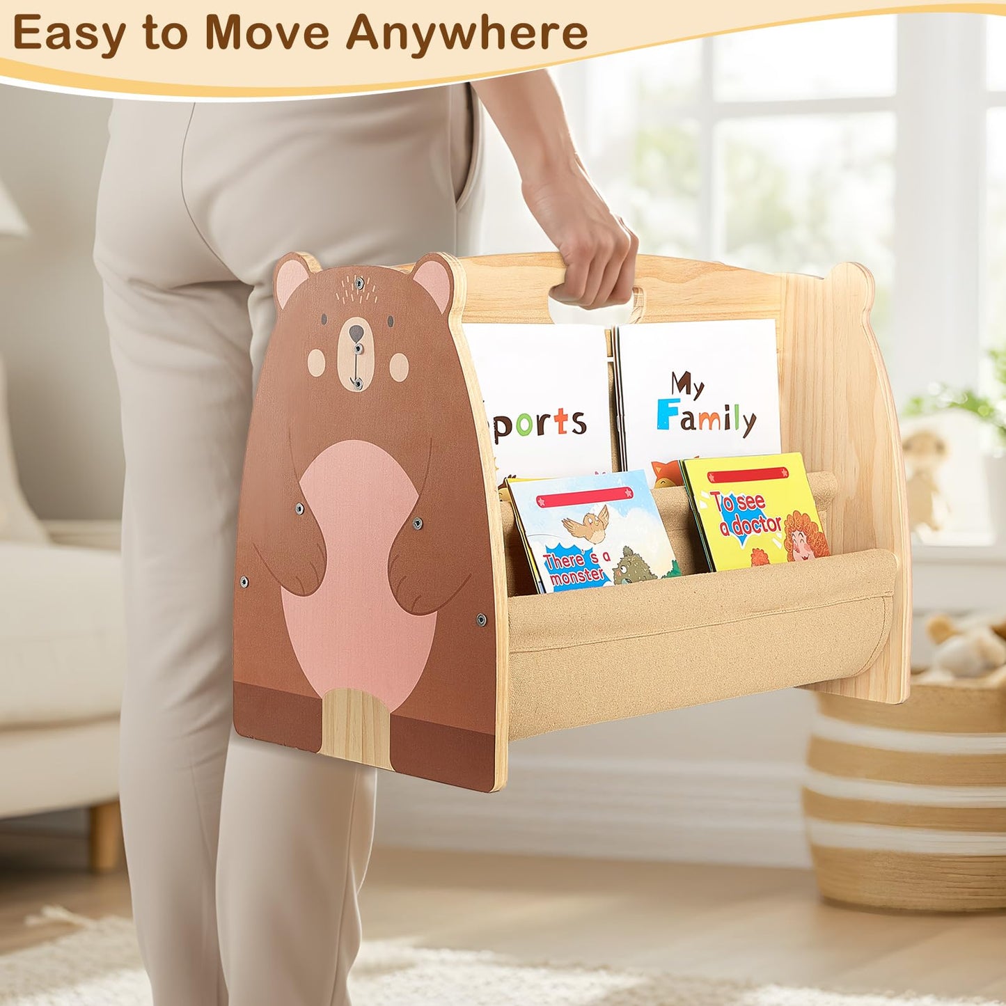 MHJY Kids Bookshelf – Wooden Double-Sided Sling Book Rack with Canvas Storage, Toddler Bookcase for Nursery, Bedroom, Playroom – Montessori Style Children’s Book Organiser