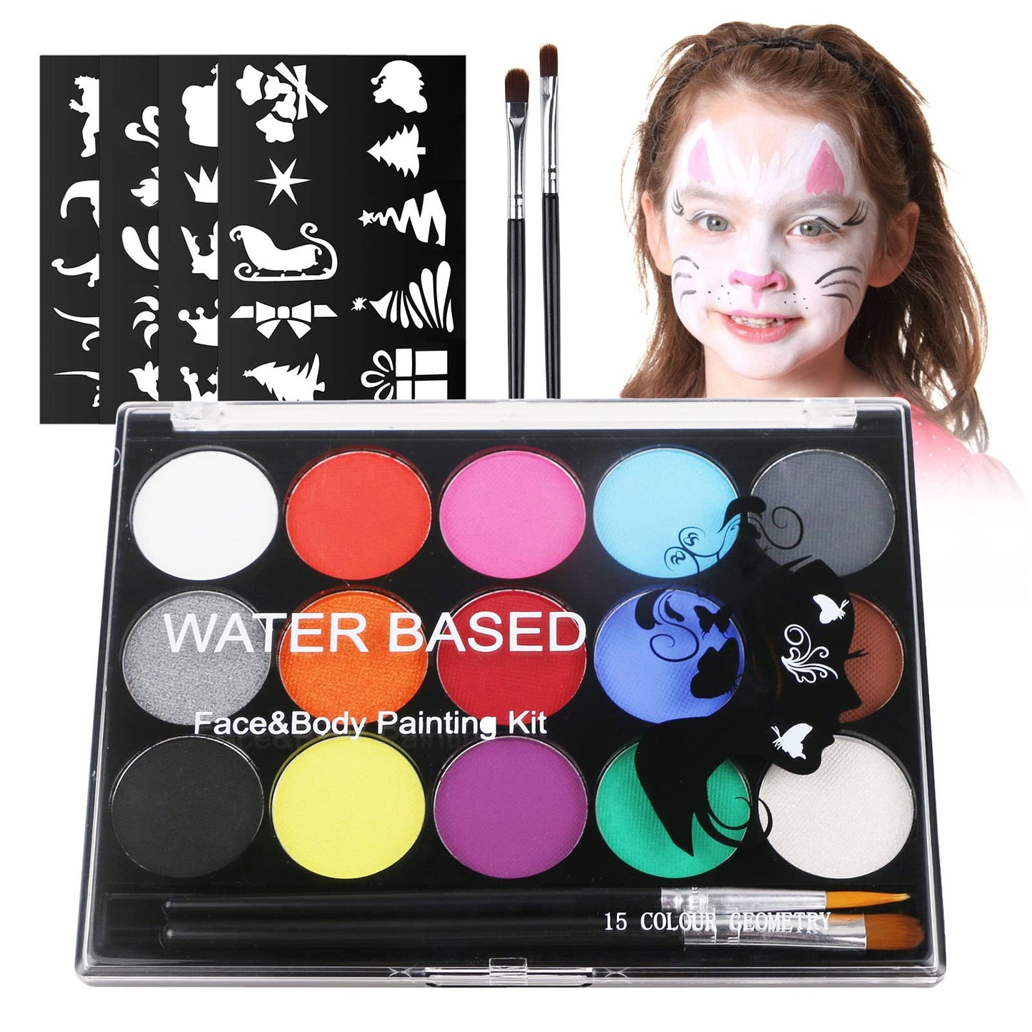 URAQT Face Paint Kit, 15 Color Face & 15 Color Neon Ultraviolet Painting with 2 Brushes 80 Stencils, Washable Safe Body Paint for Adults Kids Halloween Party Carnival, Makeup Paint Non-Toxic to Use