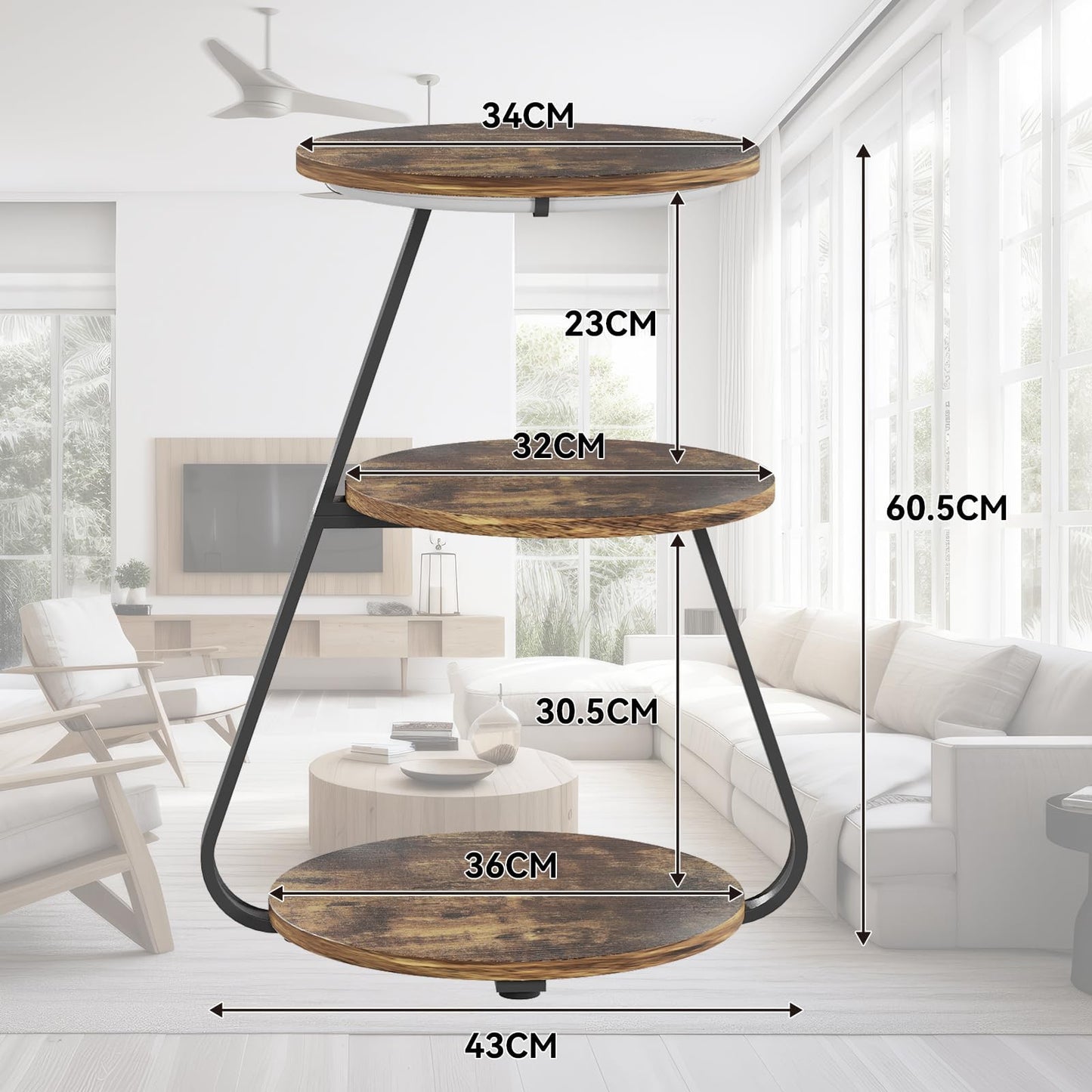 ARTETHYS Side Table, Small Round Coffee Table with 3 Color LED Lights, End Table with 3 Tier Storage Shelves, Bedside Sofa Side Tables for Living Room Bedroom, Rustic Brown
