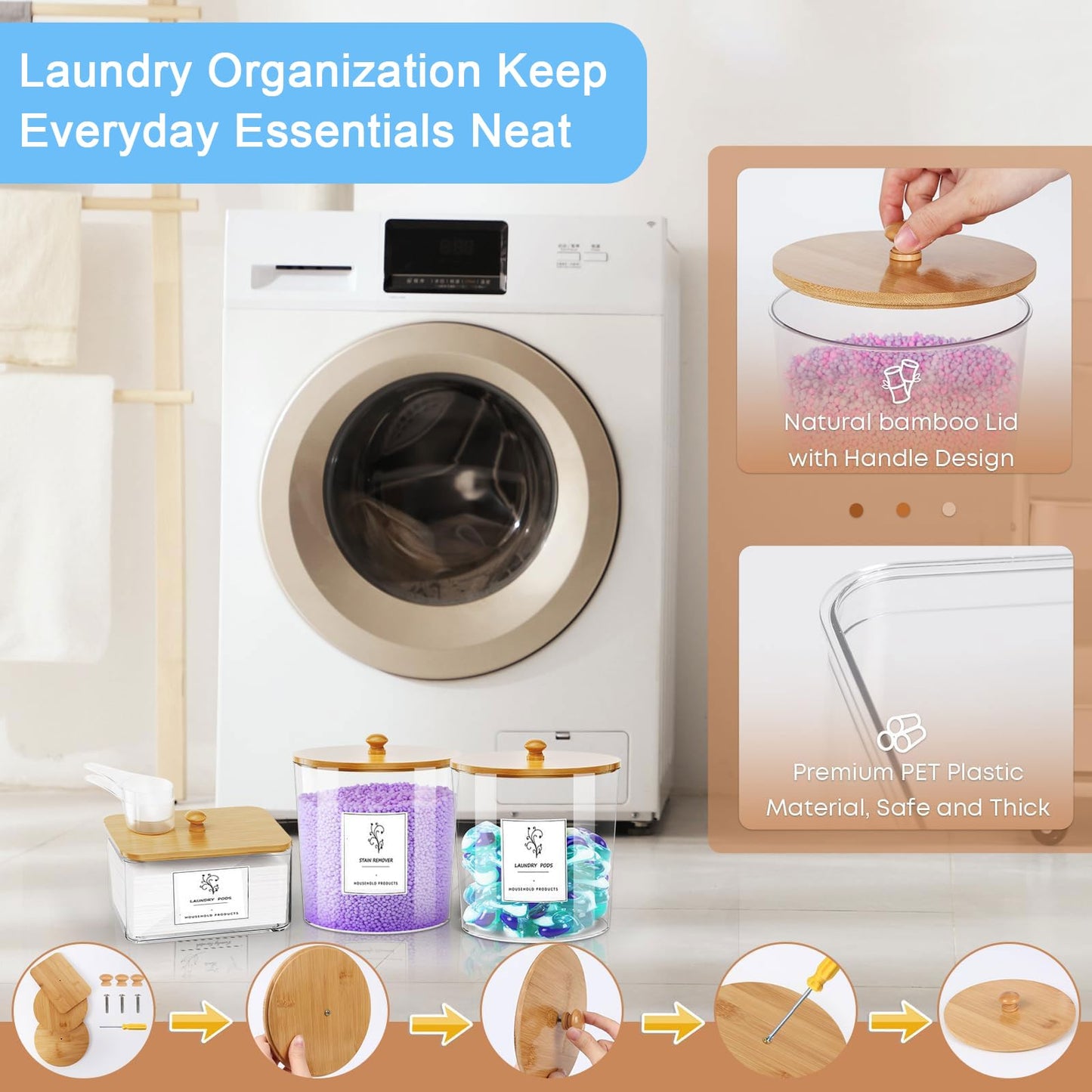 3-Pack Clear Laundry Pods Storage Container with Bamboo Lid, Labels & Scoop – Washing Pods Holder for Powder, Dishwasher Tablets, Scent Booster – Laundry, Bathroom, Kitchen Organization(Square)