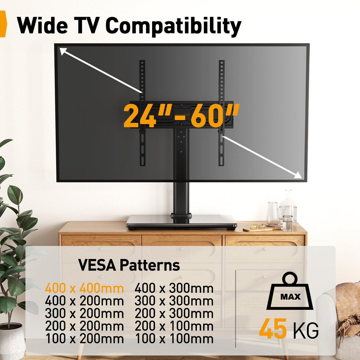 PERLEGEAR Universal TV Stand with LED Lights for 24-60 inch TVs up to 45kg