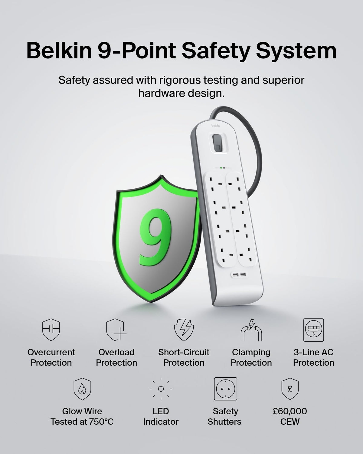 Belkin 4 Way/4 Plug 2 m Surge Protection Extension Lead Strip, White