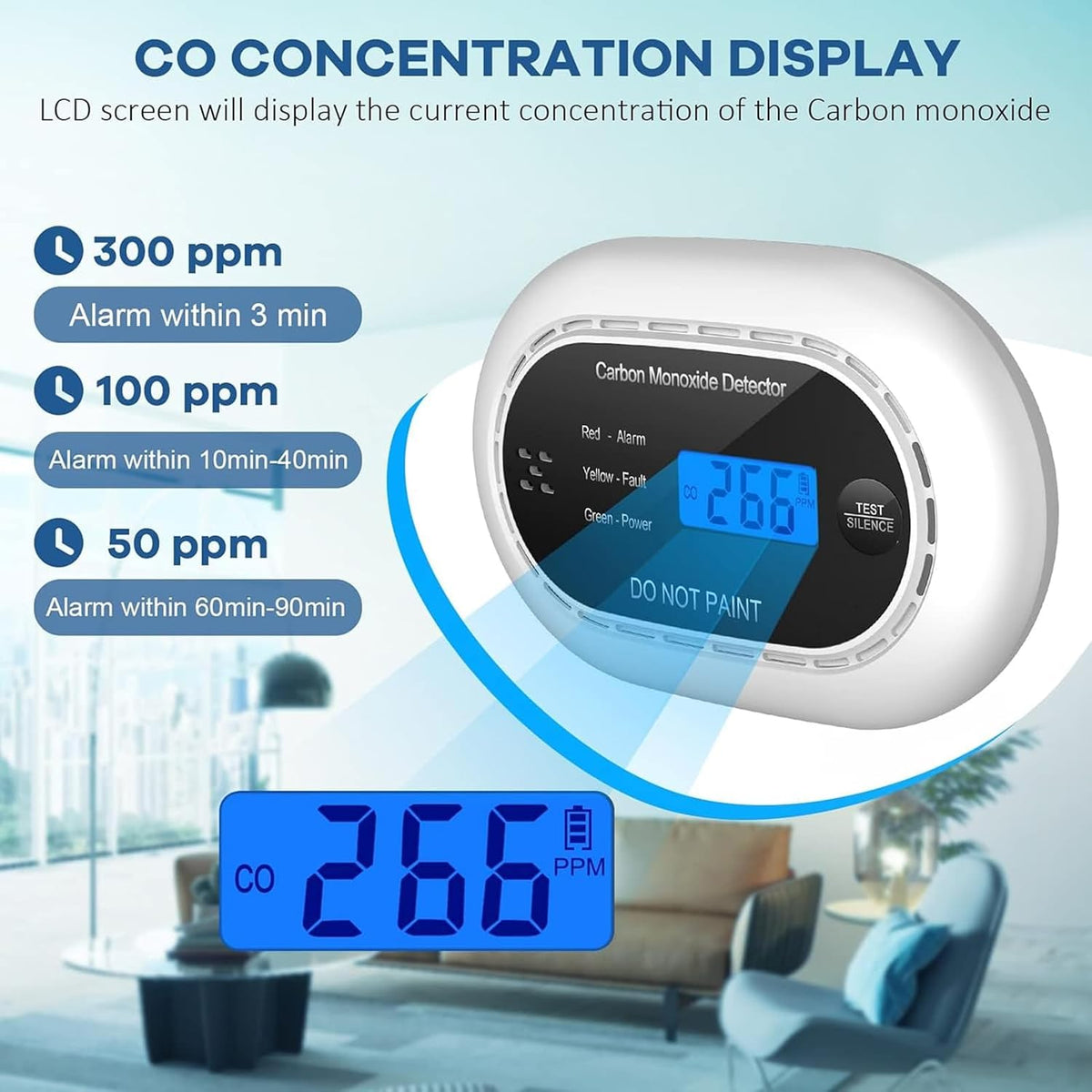 XINDUM Carbon Monoxide Detector 10-Year Battery LCD Display CE Black 2Pack