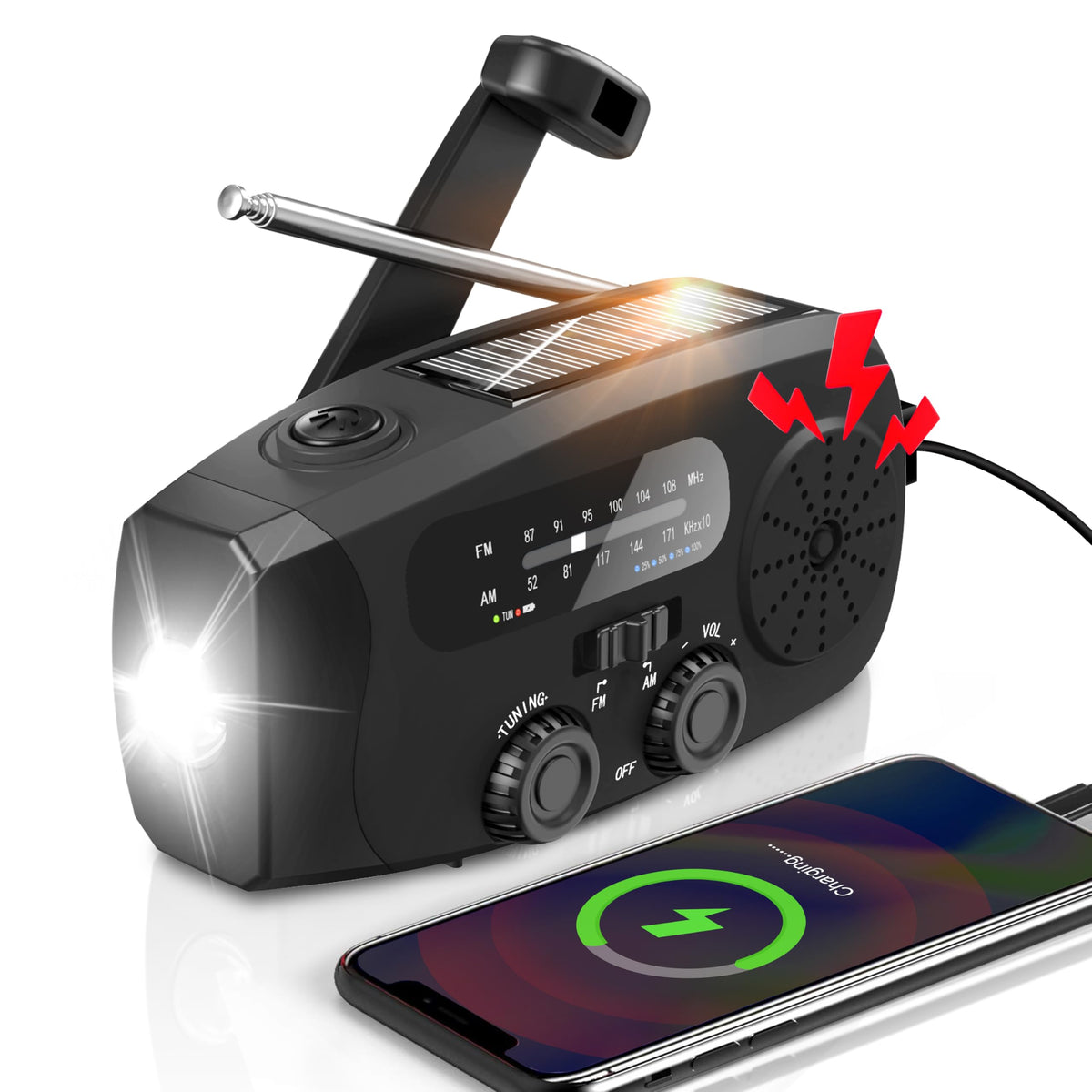 Wind Up Solar Radio, 7400mWh (2000mAh) Solar Powered Radio Emergency Hand Crank Radio with 3 Built-in Cables, Battery Operated, SOS Alarm & Flashlight, Emergency wind up torch for Hurricane, Emergency