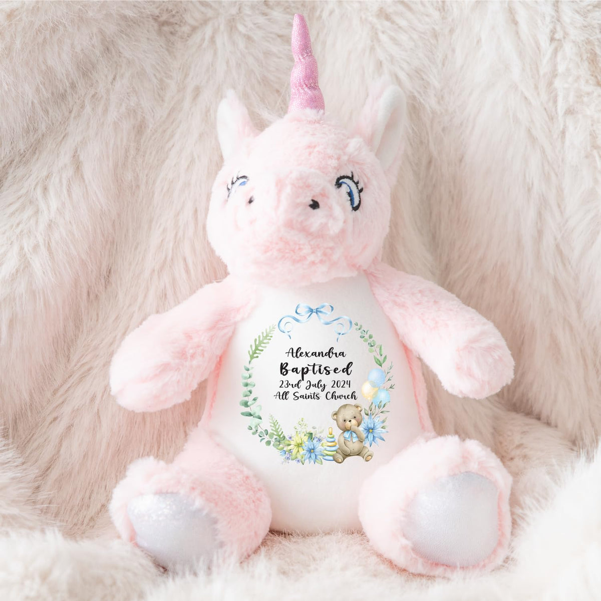 Crafted Memories - Personalised Bunny Rabbit | Custom Name & Date | Christening & Baptism Keepsake | Baby Girl & Boy | Soft Grey, White | Ideal 1st Birthday Present