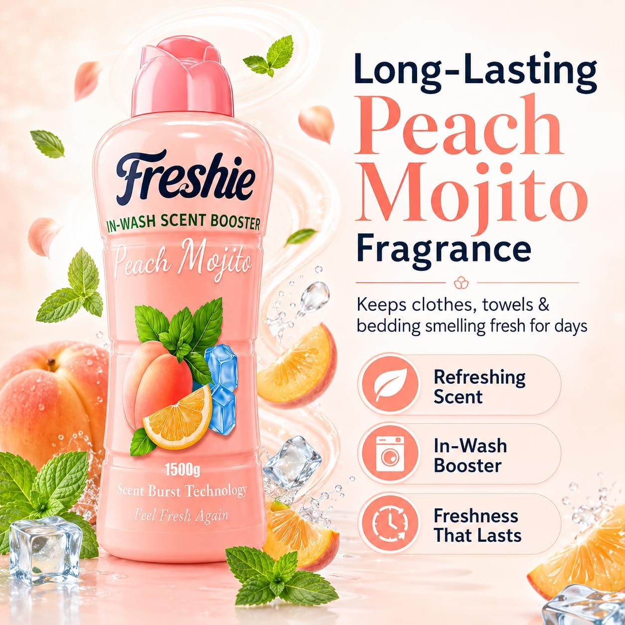 Freshie Scent Booster Laundry Beads 1500g, Peach Mojito Scent, In-Wash Scent Booster for Freshness Long-Lasting Fragrance, Up to 100 Washes, Granules