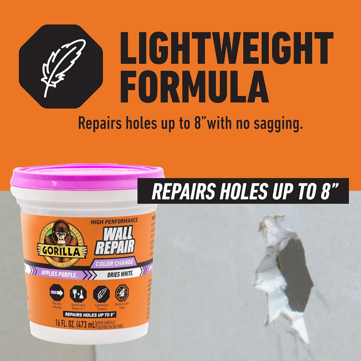 Gorilla Smooth Finish Wall Filler, 473ml – Applies Purple & Dries White | Repairs Small and Large Holes in Walls & Ceiling, Smooth Finish, Won’t Shrink or Crack, Fills any Depth| Indoor & Outdoor Use