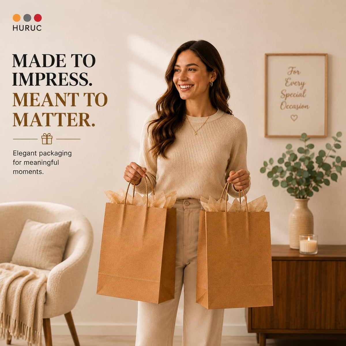 HURUC Brown Paper Bags with Handles 50 Pack Medium 130 GSM