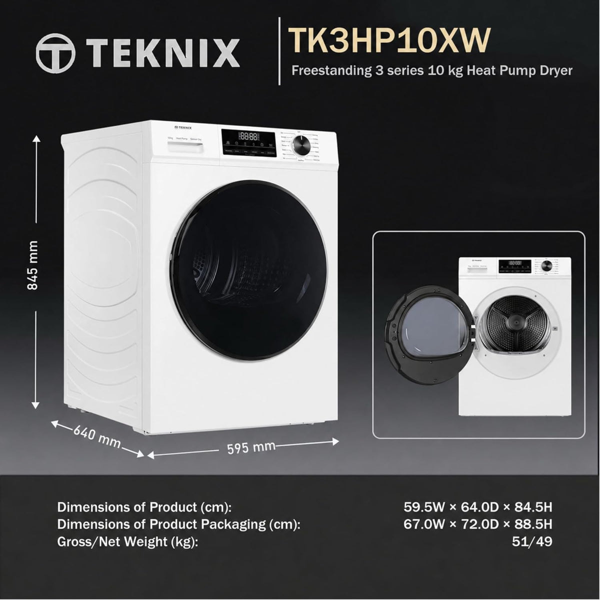 Teknix TK3HP10XW 60cm Freestanding 10kg Heatpump Front Load Tumble Dryer - Quick Dry Function - 3 Year Cover - Suitable for Garages - Allergy Care - Shoe Drying Rack - White - A++ Rated