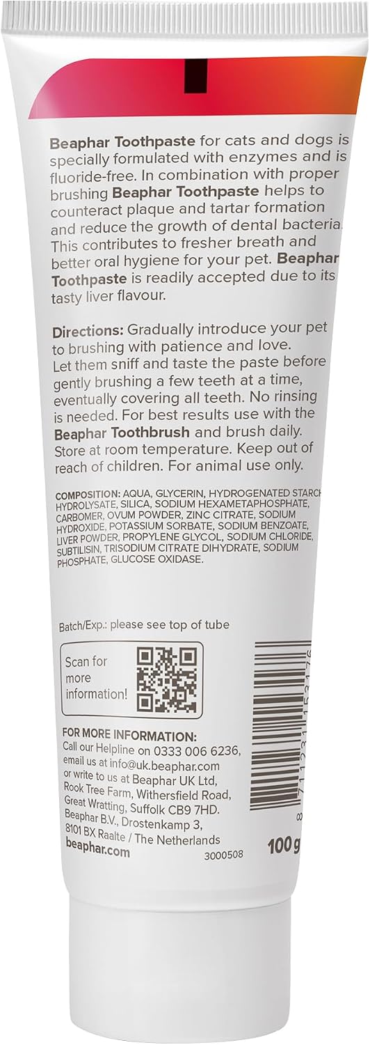 Beaphar - Liver Flavour Toothpaste with Enzymes - Dental Care for Cats & Dogs - Helps Control Plaque and Tartar, and Freshen Breath - Supports Normal Gum Function – Fluoride & Xylitol-Free - 100g Tube