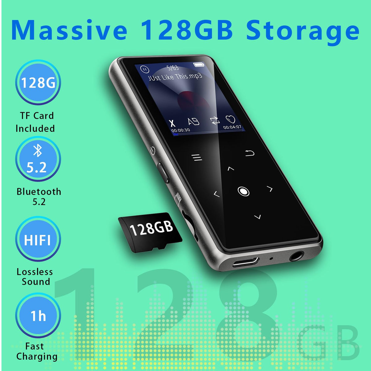 64GB MP3 Player with Bluetooth 5.2, AiMoonsa Music Player with Built-in HD Speaker, FM Radio, Voice Recorder, HiFi Sound, E-Book Function, Earphones Included