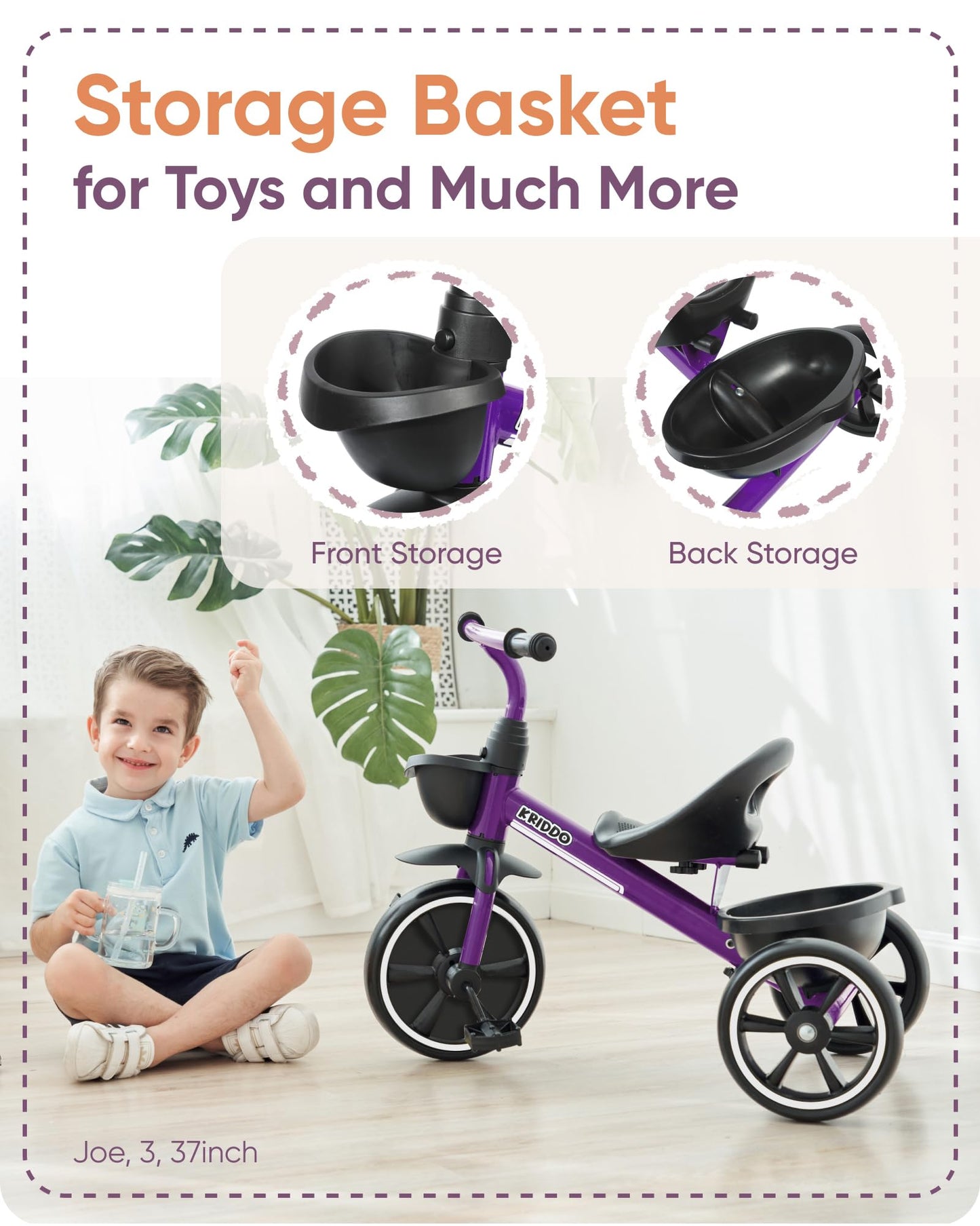 KRIDDO Toddler Tricycle — Anti-Tip Design, BPA-Free | Ages 18 Months to 4 Years | Pink