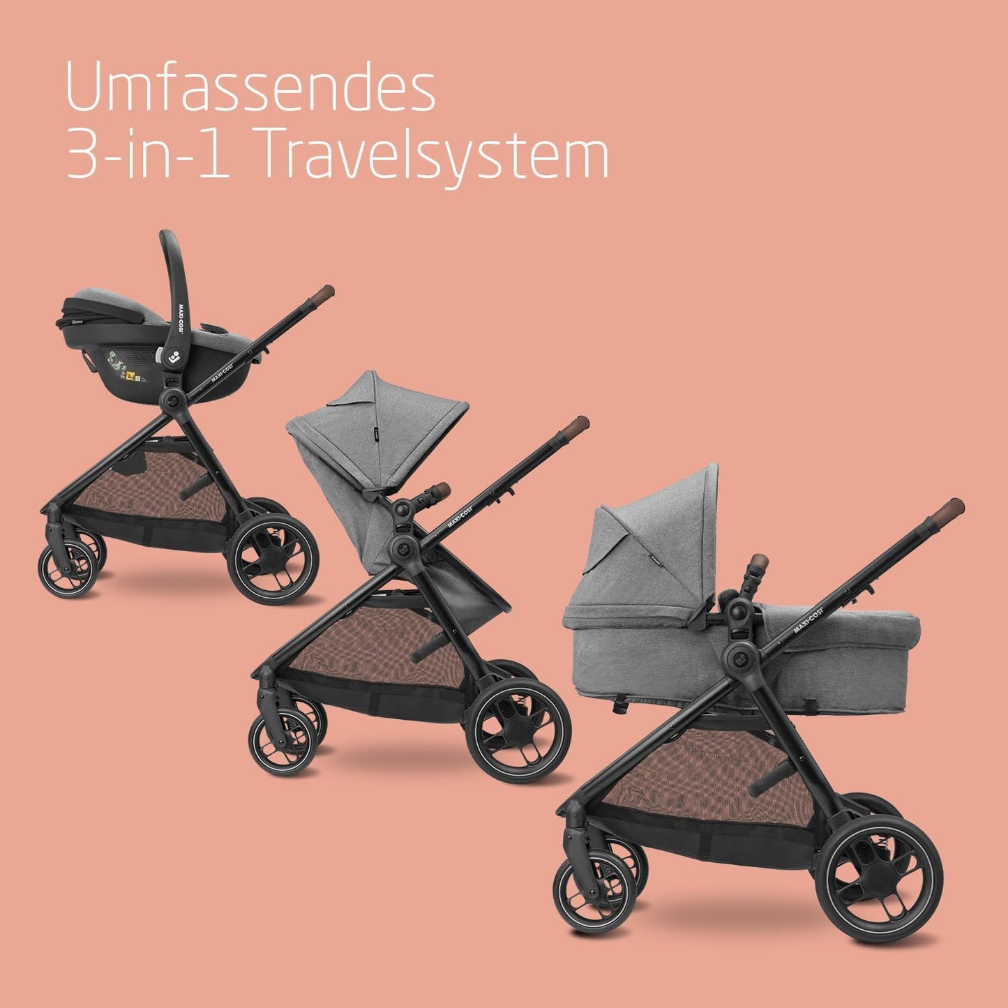 Maxi COSI Zelia Select Trio, Baby Stroller 3 in 1 with Car Seat, 0-4 Years (0-22 kg), One-Hand Fold, Compact and Reversible Pushchair Travel System, with CabrioFix S i-Size Baby Car Seat, Grey