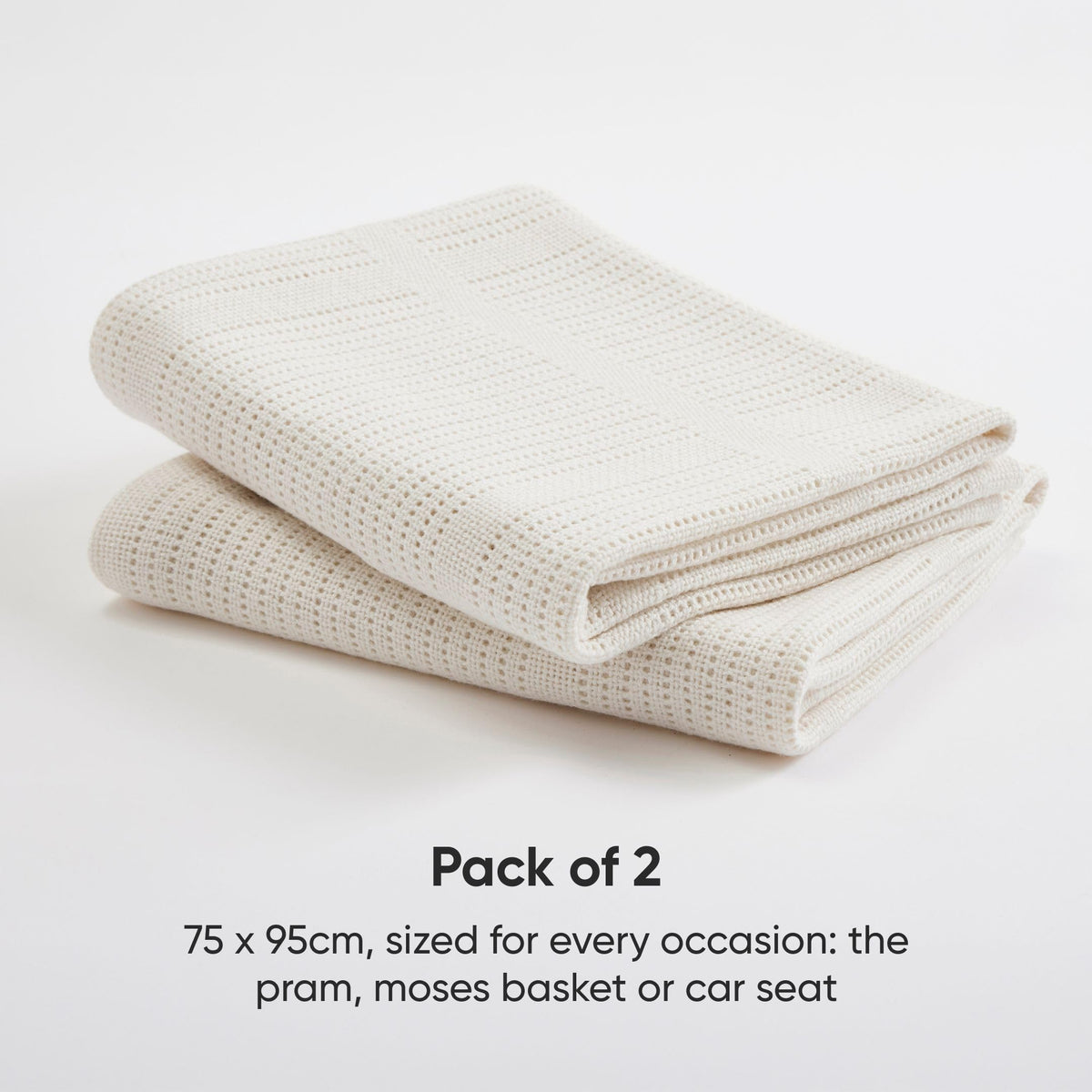 Bloomsbury Mill - Cellular Blankets Baby - 100% Organic Cotton - 2 Pack - Cloud - White - Newborn Essentials - Soft Breathable Baby Blankets for Pram, Cot, Moses Basket - 75x95cm