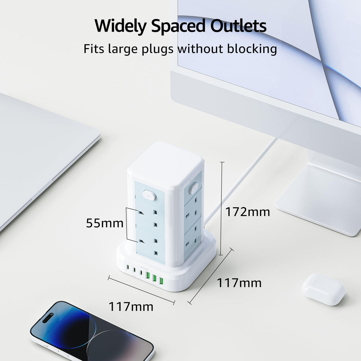 6M Tower Extension Cord with 6 USB Slots, Toomke 8 Way Extension Sockets with 3 USB A and 3 USB C, Tower Plug Extension with 4 Independent Switches 13A 3250W