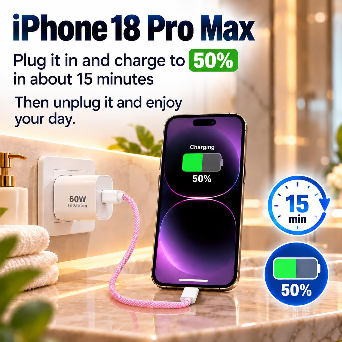 2 Pack 60W USB-C to C Fast Charging Charger Cable For iPhone 18 Pro Max 17e