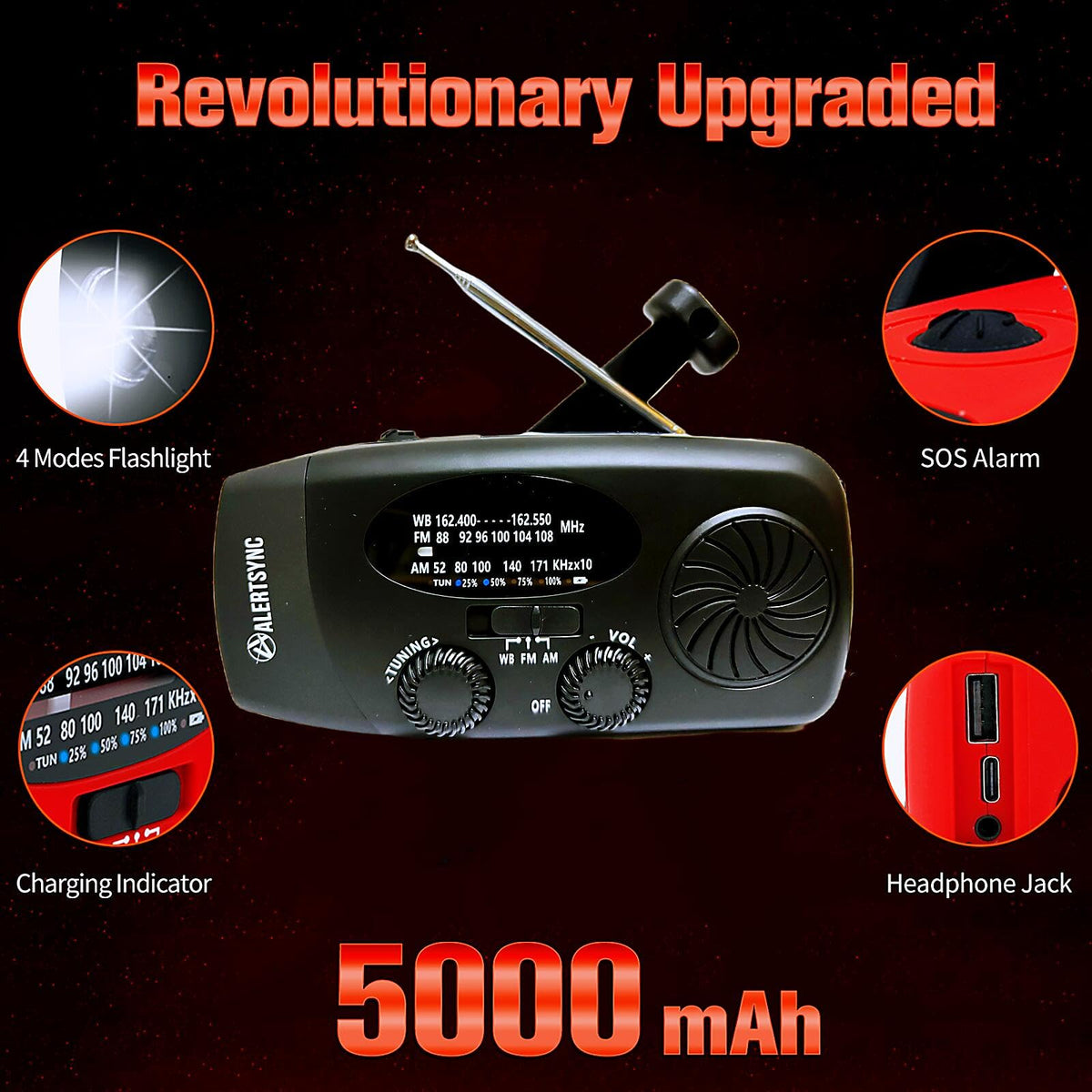5000mAh Wind Up Solar Radio, Emergency Crank Weather Radio, FM/AM Radios