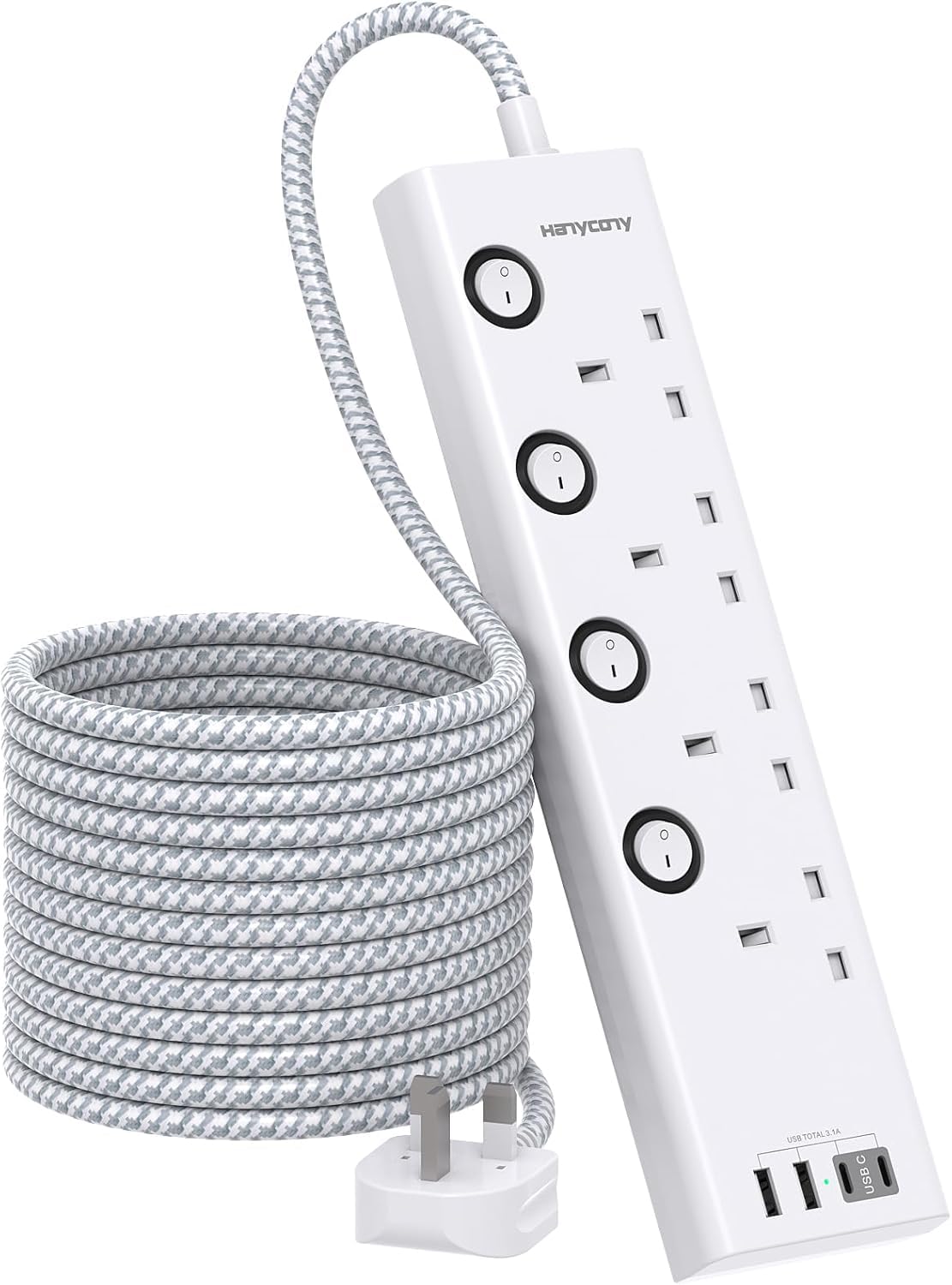 Extension Lead with USB Slots(2 USB C), 4 Way Plug Extension Socket, 1.8M