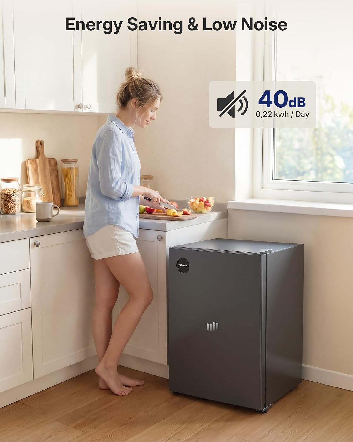 Upstreman 71L Fridge Without Freezer Compartment, 1-10°C 7-Step Temperature Control, LED Lighting, 40dB Quiet, Energy-Saving Full-Size Refrigerator for Bedroom, Office, Kitchen, CR71-Dark gray