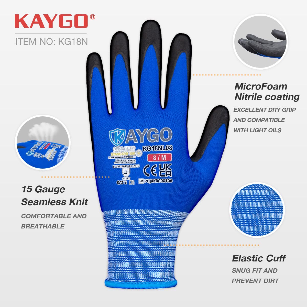 KAYGO Safety Work Gloves MicroFoam Nitrile Coated 12 Pairs, KG18NB