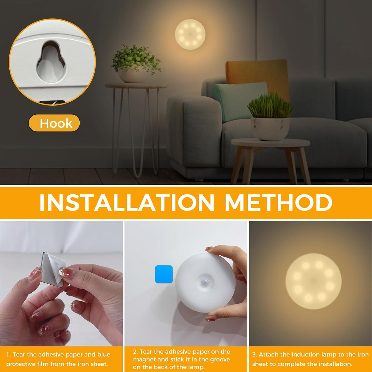 Jsdoin Motion Sensor Lights Indoor, Pack of 6 Wireless LED Rechargeable Magnetic Wall Sconces, USB Rechargeable, Staircase, Hallway, Kitchen, Under Cabinet Suction Cup Lights Warm and White