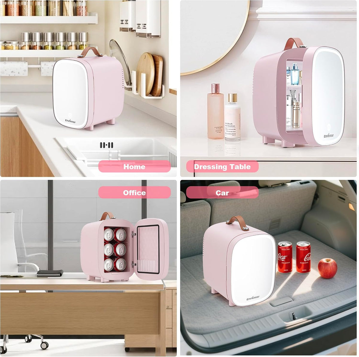 Enventor Mini Fridge 4L/ 6 Can, 3-Level Dimmable LED Mirror, AC+12V DC