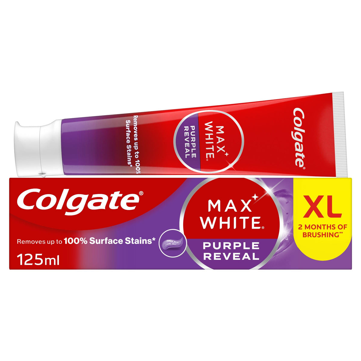 Colgate Max White Purple Reveal Teeth Whitening Toothpaste - Clinically Proven to Remove up to 100% of Surface Stains** - Fluoride Toothpaste - Colgate Multipack - 4 X 75ml