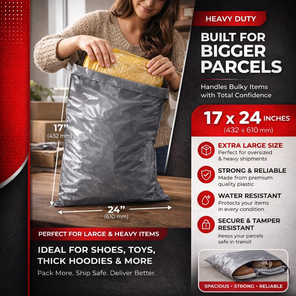 Large Postage Bags for Clothes Vinted - 25 Packs 17x24 Inch Mailing Bags, Self Seal Waterproof Parcel Bag - Heavy Duty Grey Poly Mailers for Packaging, Shipping & Delivery - (432 x 610 mm)