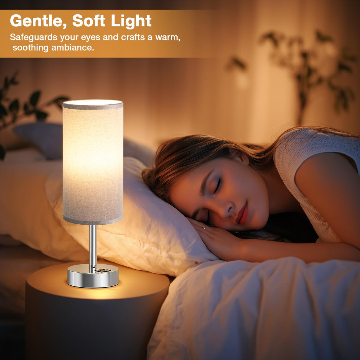 Aooshine Grey Table Lamp, 3-Way Dimmable, USB A + C Charging