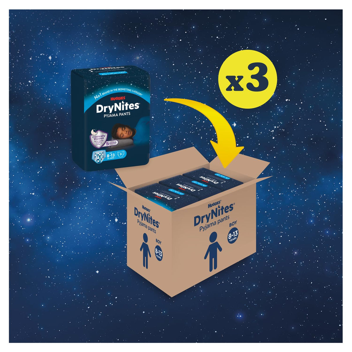 HUGGIES DryNites, Pyjama Pants, Boys 4-7 Years (17-30KG), 64 x bedwetting Pants, Up to 100% Leak Free Nights