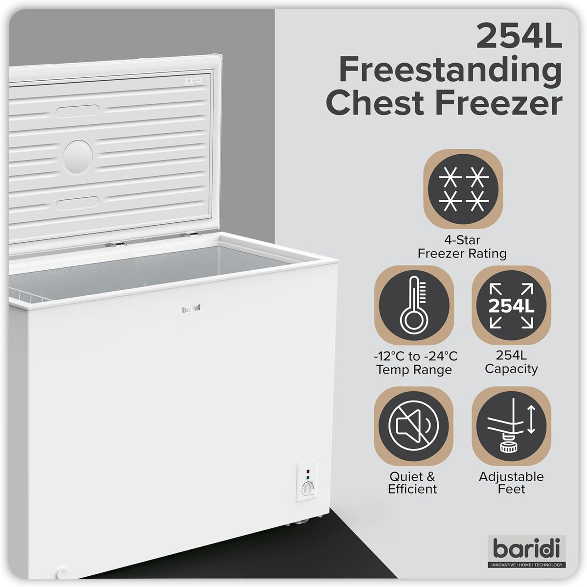 Baridi 299L Freestanding Chest Freezer with Adjustable Thermostat, Black - DH261