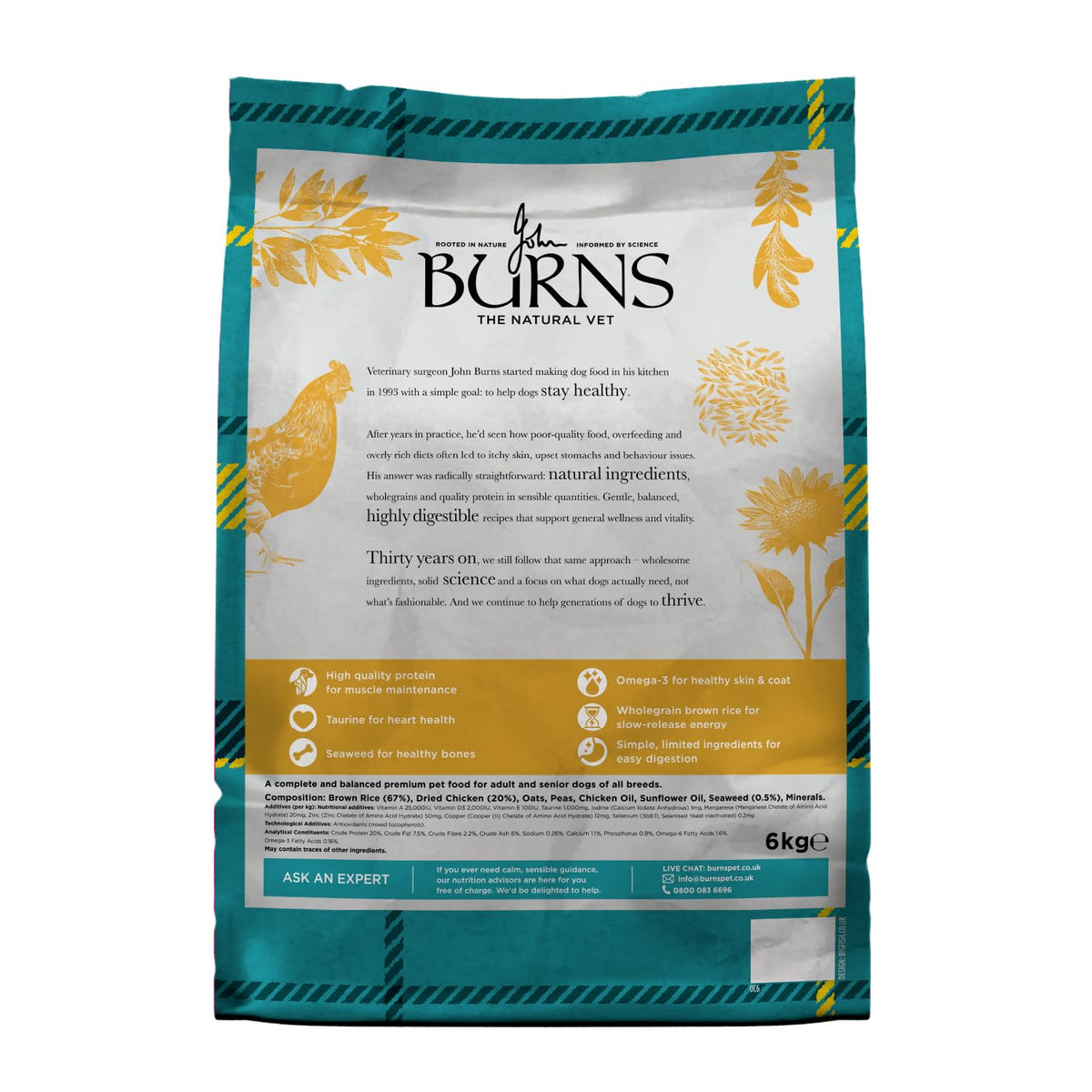 Burns Pet Nutrition Hypoallergenic Complete Dry Dog Food Adult and Senior Dog Original Chicken and Brown Rice 12 kg