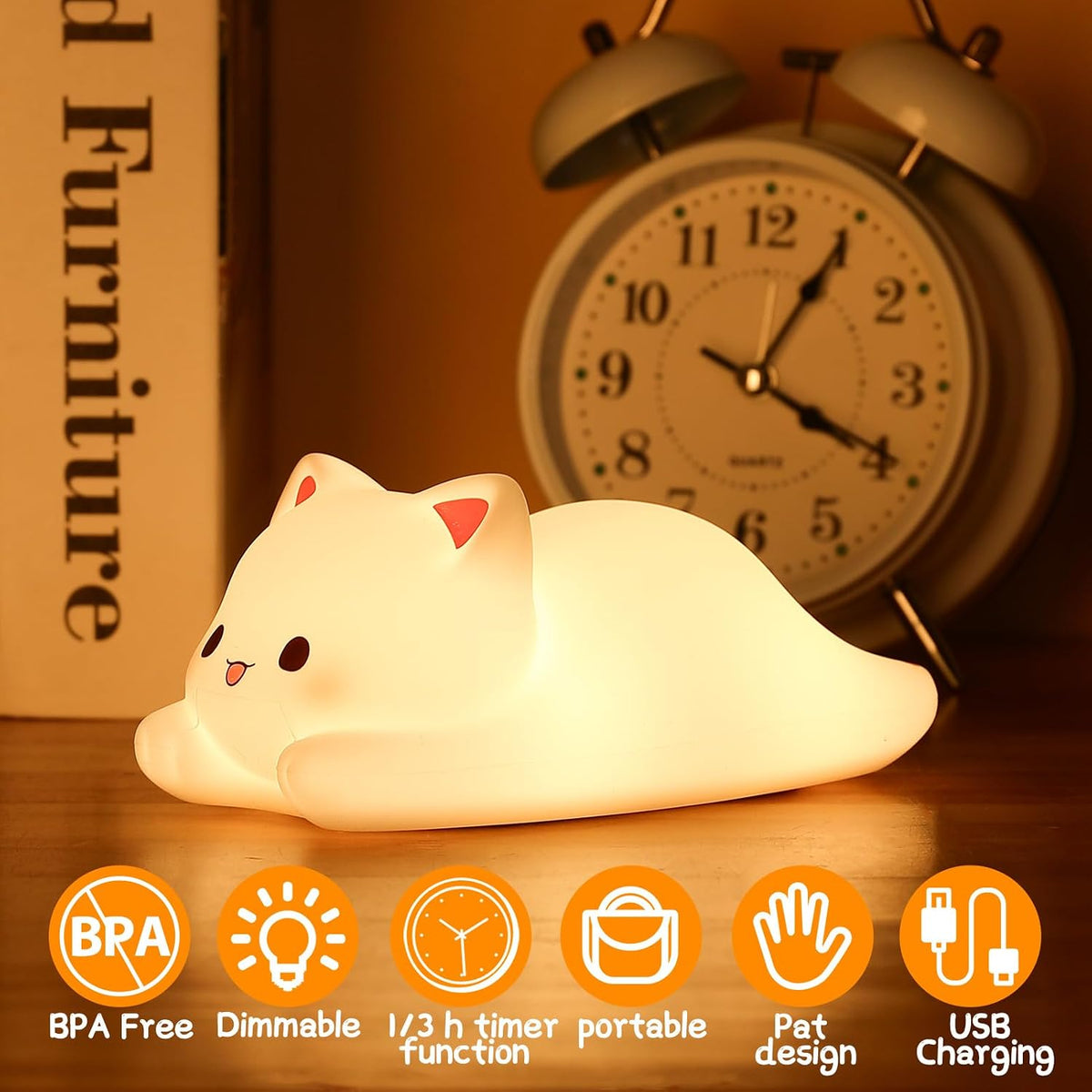 ZKLiLi Cat Night Light for Kids,Cute Night Lamp for Nursery,Squishy Silicone Touch Lights Portable, Gift for Birthday and Christmas for Kids Baby Children (Battery Cat)