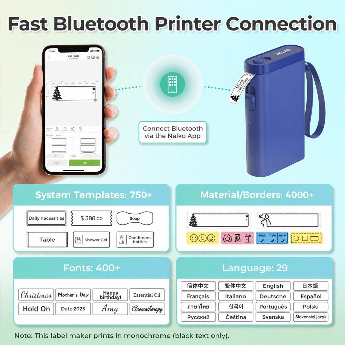Nelko Label Maker P21 Portable Bluetooth Sticker Printer with Tape, Black