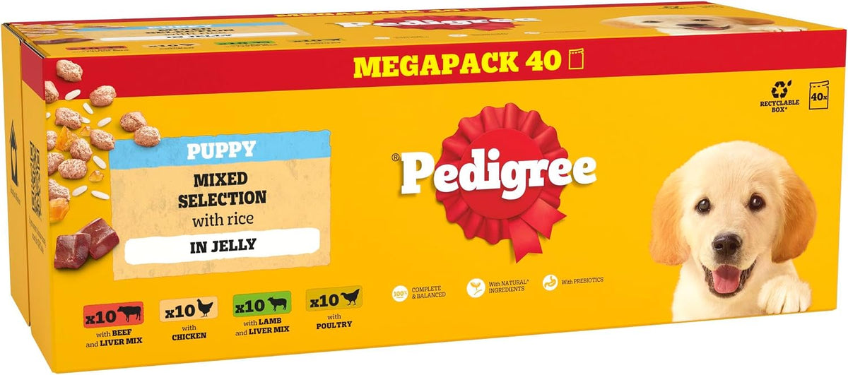PEDIGREE Puppy Dog Food Pouches Chunks in Jelly, 40 x 100g Multipack, Four Flavours (with Beef & Liver, Chicken, Lamb & Liver and Poultry)
